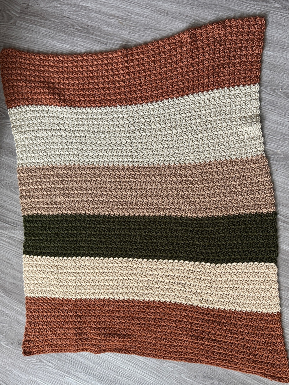 Handmade Striped Crochet Lap Blanket — Rust, Cream, Olive, Tan